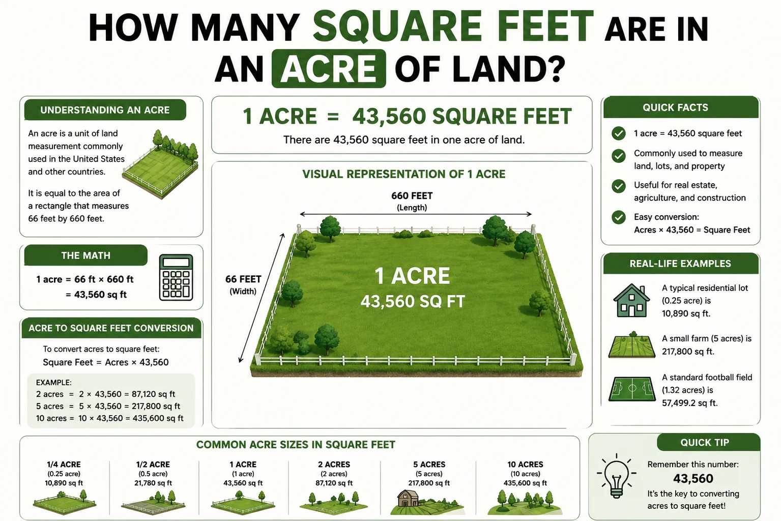 how many square feet are in a acre of land