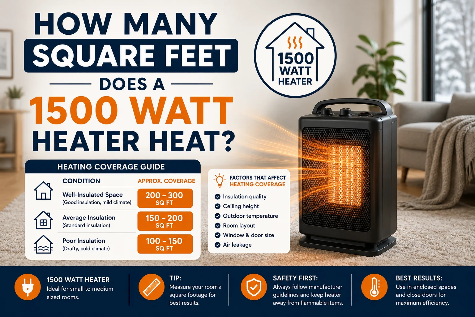 how many square feet does a 1500 watt heater heat